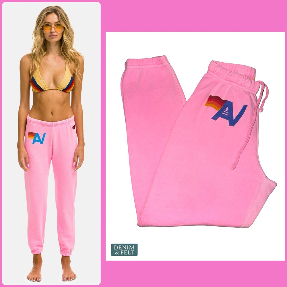 Aviator Nation Logo Sweatpants Neon Pink Rainbow Logo Jogger Casual Lounge Pants